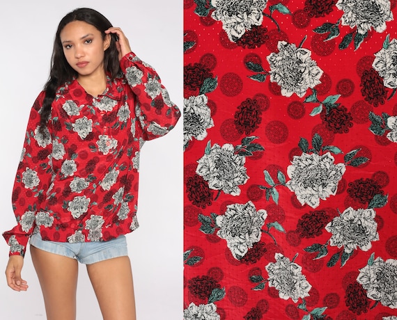 Red Floral Blouse 80s Flower Print Top Quarter Button Up Shirt Geometric Embossed Pattern Long Sleeve Romantic Vintage Bohemian 2xl xxl