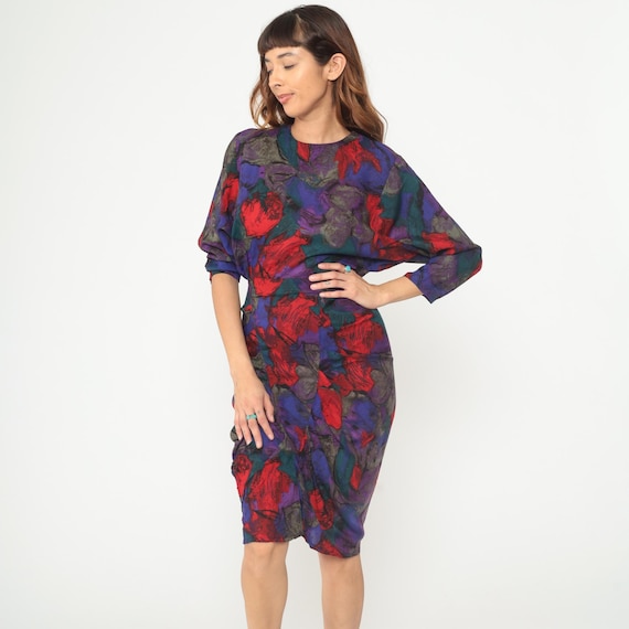 90s Floral Dress Purple Red Blue Abstract Floral Dolman Sleeve Midi Blouson Waist Rayon Vintage Party Cocktail Formal Bold Extra small XS