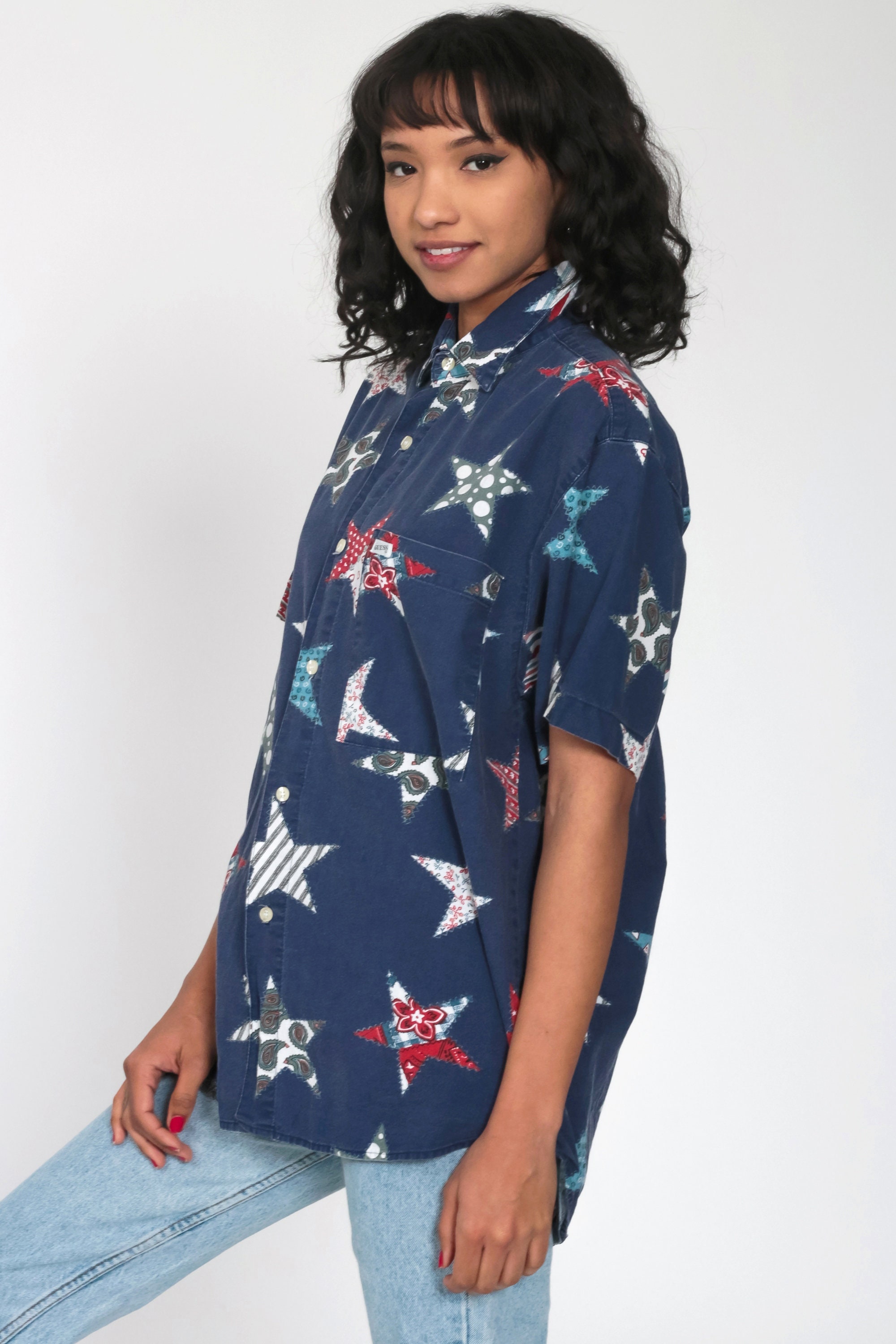 Guess Shirt 90s Star Shirt Blue Patchwork Shirt Button Up Blouse ...