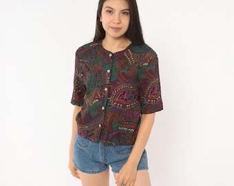 80s Psychedelic Print Top Paisley Button Front Blouse Jewel Tone Shirt Teal Purple Crimson Gold Vintage Norton Mcnaughton Abstract Small S