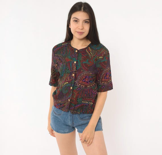 80s Psychedelic Print Top Paisley Button Front Blouse Jewel Tone Shirt Teal Purple Crimson Gold Vintage Norton Mcnaughton Abstract Small S