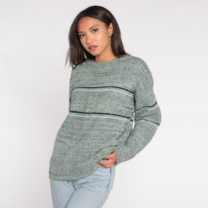 Flecked Sweater 80s Striped Knit 90s Pullover Cozy Aqua Navy Blue Grunge Slouch 90s Boho Jumper Vintage Oversized Large L