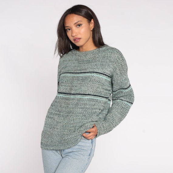 Flecked Sweater 80s Striped Knit 90s Pullover Cozy Aqua Navy Blue Grunge Slouch 90s Boho Jumper Vintage Oversized Large L