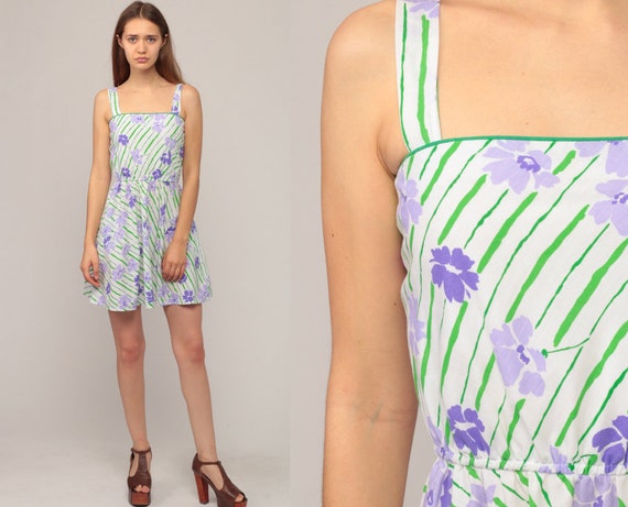 Mini Sun Dress 70s Floral Print 1970s Sundress Boho Vintage High Elastic Waist Summer Hippie Minidress Tank Green Purple Extra Small xs