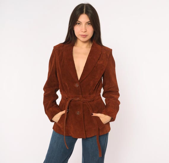 70s Suede Jacket Burgundy Belted Leather Blazer Shawl Collar Long Sleeve Tie Waist Brown Rust Western Berman's Vintage Coat Extra Small XS