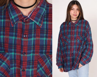 90s Flannel Shirt Red Blue Plaid Button up Shirt Grunge Lumberjack Long Sleeve Boyfriend Top Checkered Print Cotton Vintage 1990s 3xl xxxl