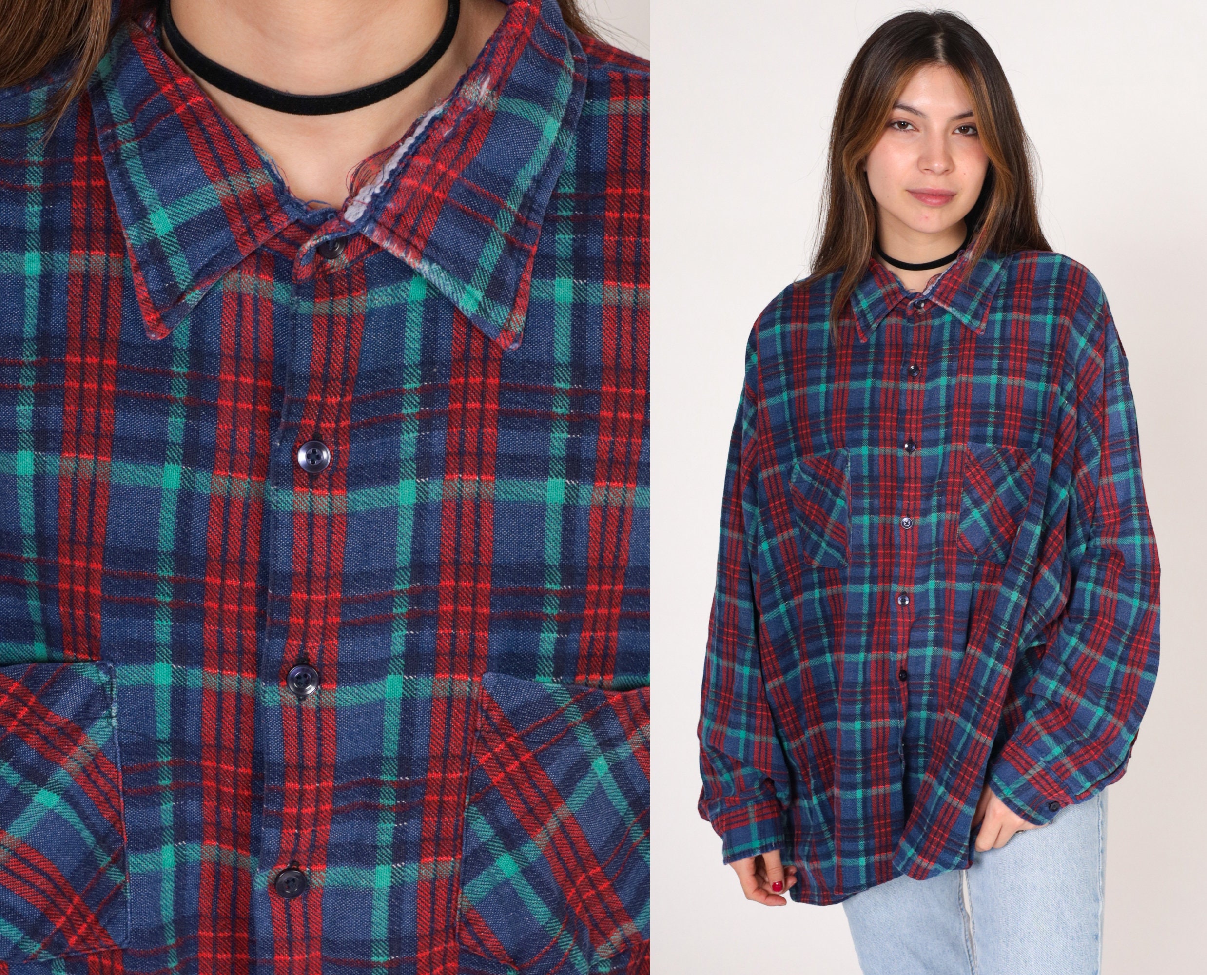 90s Flannel Shirt Red Blue Plaid Button up Shirt Grunge 90s Flannel Shirt Red Blue Plaid Button up Shirt Grunge