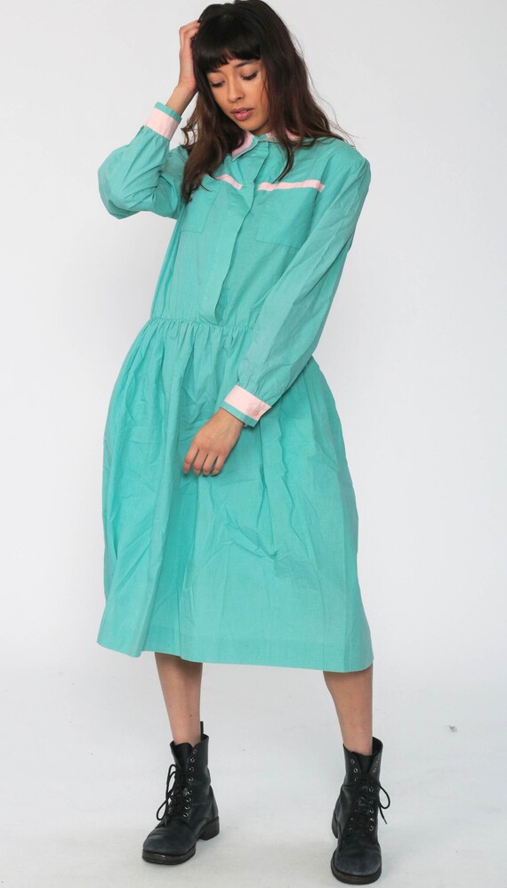 Turquoise Dress Midi 80s Shirtwaist Puff Sleeve D… - image 3