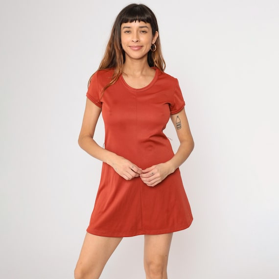 70s Rust Mod Mini Dress Dress Shift Poly Short Sleeve Dress 1970s Gogo Vintage Boho Hippie Twiggy Plain Dress Minidress Bohemian Small S