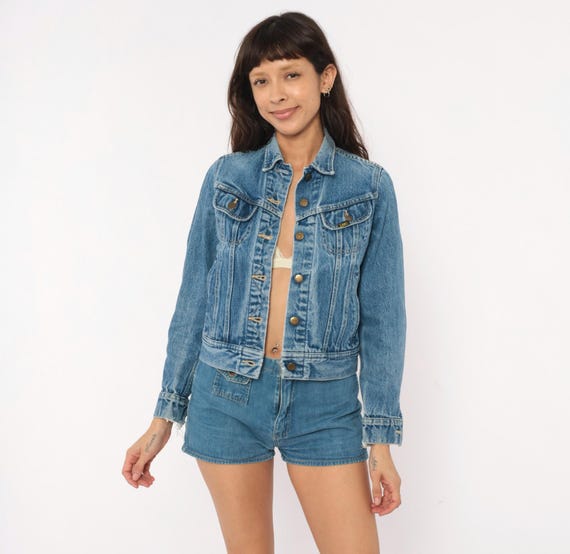 80s Ms Lee Denim Jacket Blue Jean Cropped Cotton Trucker Coat Pointed Collar Chest Pocket Western Workwear Vintage Women's Extra Small XS