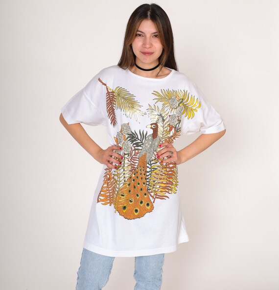 Peacock T-Shirt Dress 90s Metallic TShirt Gold Bi… - image 2