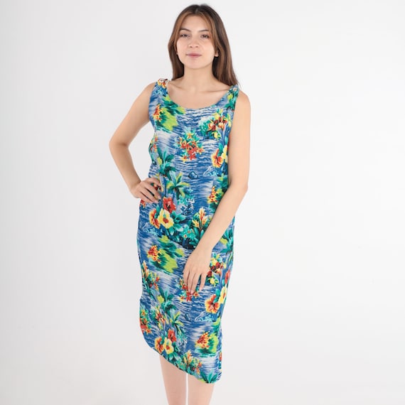Hawaiian Dress Tropical Palm Tree Floral Dress Sleeveless 90s Midi Dress Island Print 1990s Vintage Shift Summer Beach Aloha Rayon Small