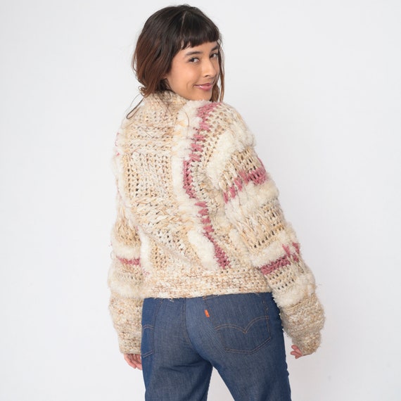 Chunky Knit Sweater 70s Zip Up Fuzzy Cardigan Tan… - image 5