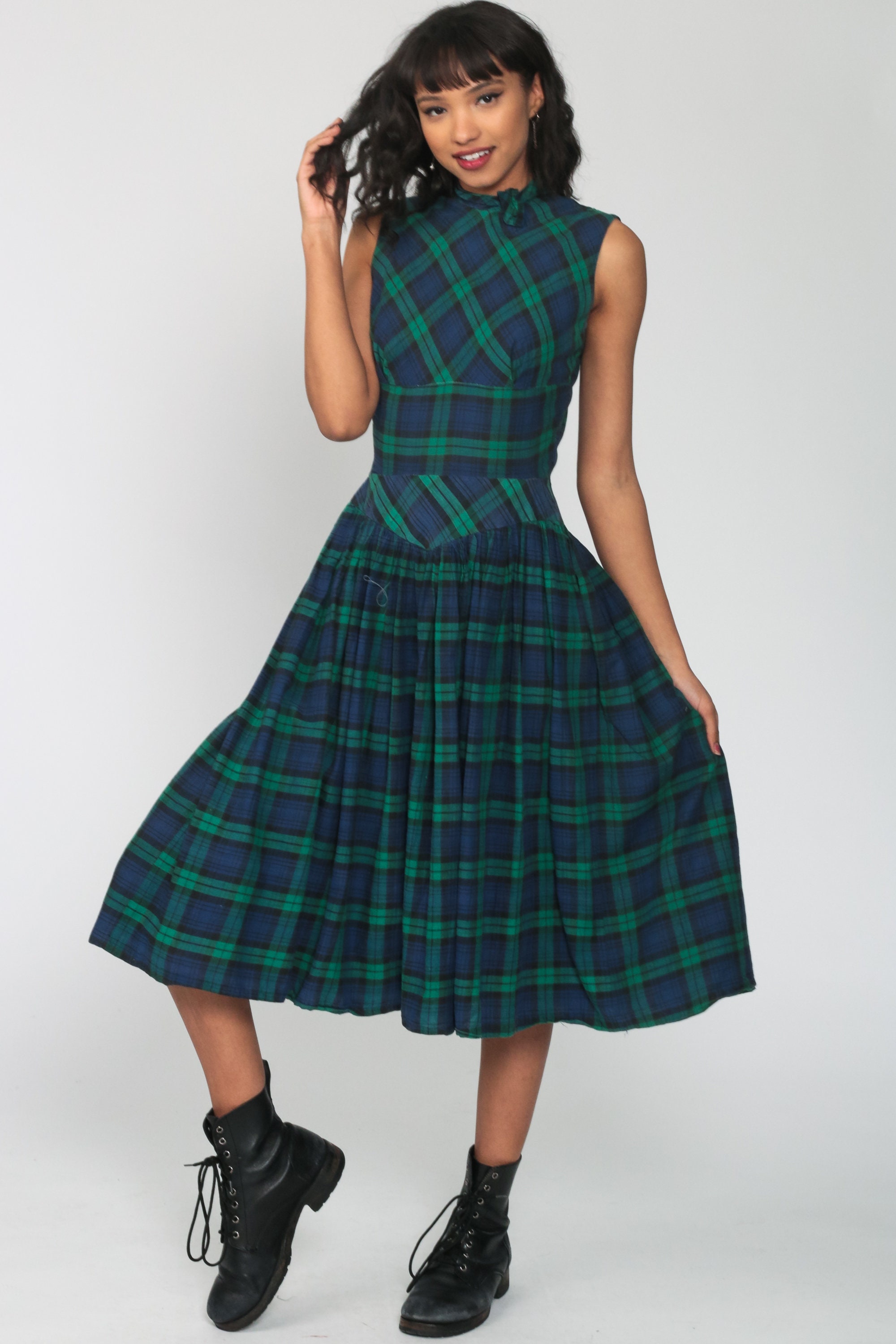 1960s Plaid Dress Blue Green Checkered 60s Midi Drop Waist Dress Tartan