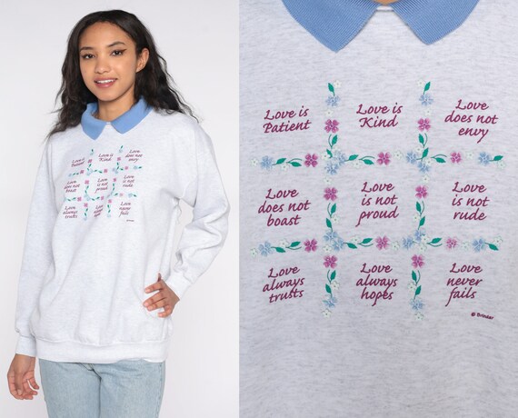 Y2K Love Sweatshirt 00s Love Is Kind Shirt Collared Christian Grandma Graphic Sweatshirt Vintage Grey Granny Religious Country Large L