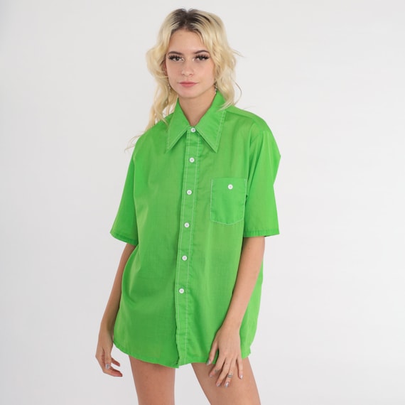 Lime Green Shirt Button Up Shirt 70s Dagger Collar Oxford Boho 1970s Shirt Disco Top Vintage Collared Plain Short Sleeve Men's Medium