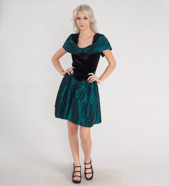 90s Party Dress Black Velvet Green Taffeta Mini Dress Retro High Waist Full Skirt Formal Evening Minidress Going Out Vintage 1990s Small S