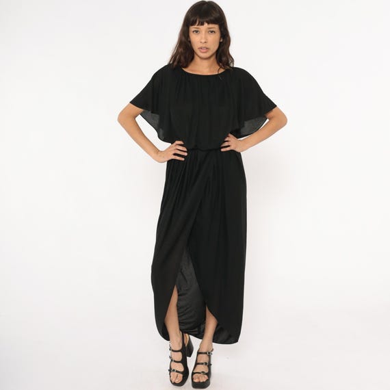70s Black Dress Flutter Sleeve V Neck Elastic Waist Front Slit Sheer Evening Cocktail Party Gothic Bohemian Vintage Flowing Small Medium S M