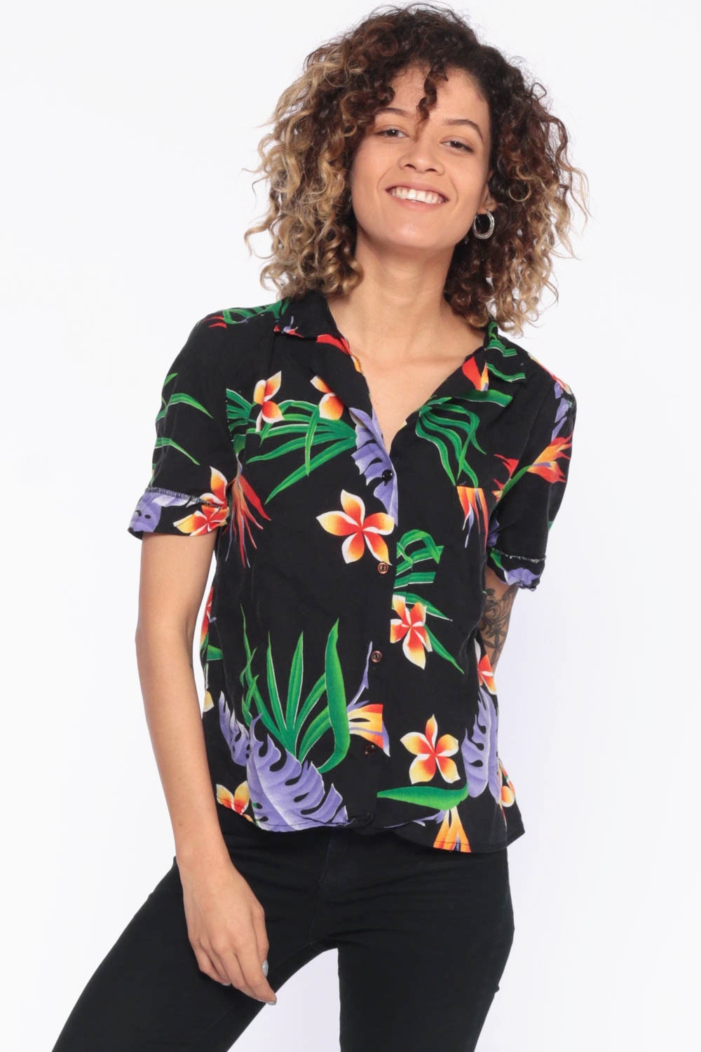 90s Black Hawaiian Shirt -- Black Tropical Shirt 1990s PALM TREE Blouse ...