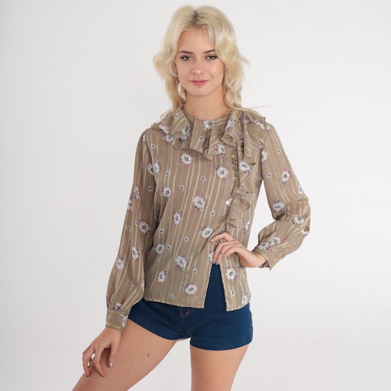 Floral Ruffle Blouse 80s Top Taupe Striped Button up Shirt Flower Print Bohemian Romantic Secretary Blouse Long Sleeve Vintage 1980s Medium