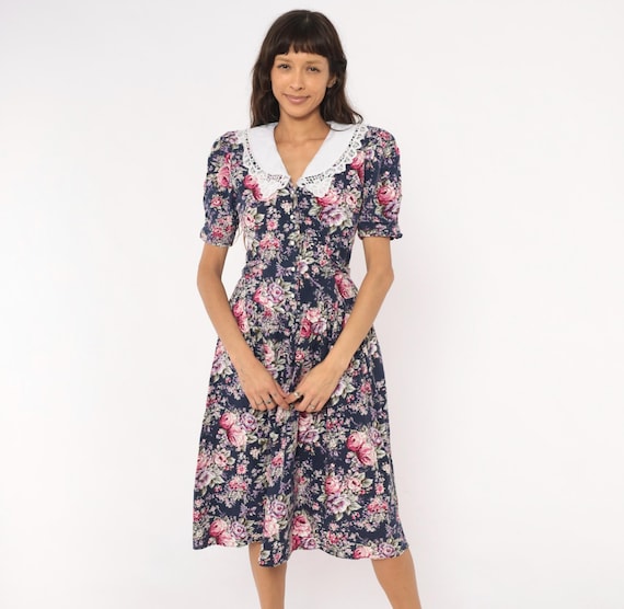 90s Lace Collar Floral Dress Navy Rose Button Front Puff Sleeve Cottagecore Prairie Pink Garden Party Cotton Fit Flare Feminine Medium M