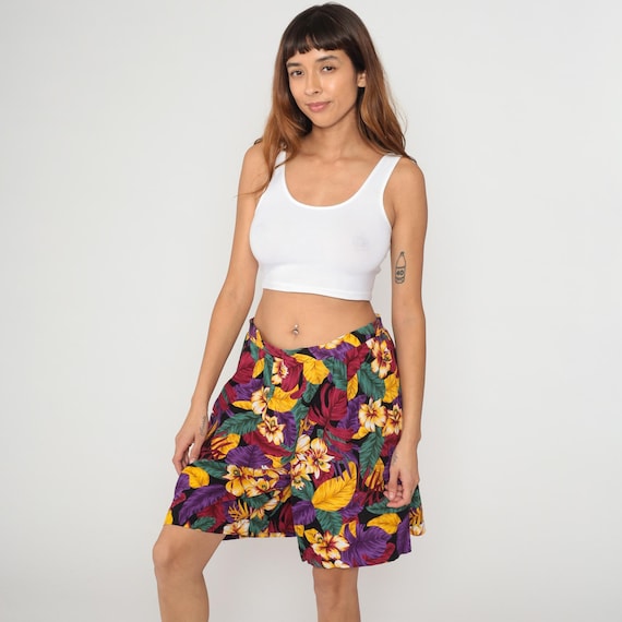 90s Tropical Shorts Hawaiian Floral Purple Yellow Hibiscus High Waisted Elastic Waist Wide Leg Summer Beach Vacation Resort Paradise Large L