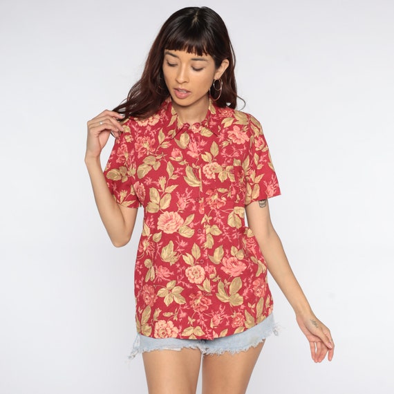 Red Floral Blouse Rose Shirt 90s Button Up Shirt Short Sleeve Top Grunge Boho 1990s Vintage Bohemian Rayon Patterned Shirt Small S