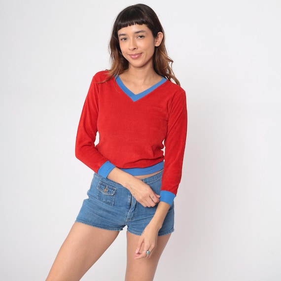 Terry Cloth Ringer Shirt 80s Red Top Blue Trim V Neck Long Sleeve Cropped Athletic Sporty Vintage Pullover Workout Activewear Extra Small XS
