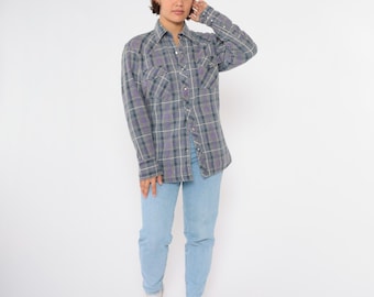 Vintage Pearl Snap Flanellhemd 90er Jahre Distressed Kariertes Westernhemd Grau Lila Hemd Rodeo Button Down up Long Sleeve Men's Medium