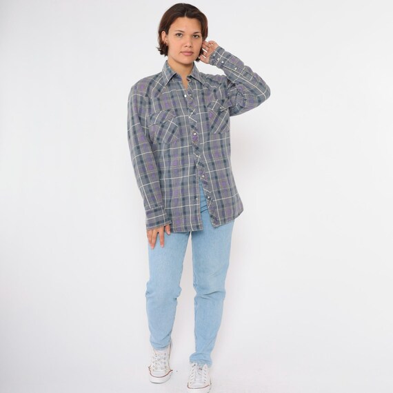 Vintage Pearl Snap Flannel Shirt 90s Distressed Plaid Western Shirt Grey Purple Shirt 1990s Rodeo Button Down up Long Sleeve Men's Medium