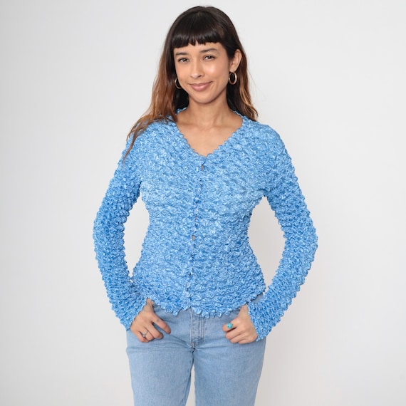 Y2K Popcorn Cardigan Light Blue Textured Top Button Up Vintage Bubble Knit Millennium Fashion Statement Piece Cyber Y2K Small Medium Large