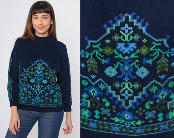 70s Fair Isle Sweater Floral Virgin Wool Sweater Navy Blue Turkish Boho Ski Sweater Bohemian Mock Neck Knit Raglan Sleeve Pullover Small