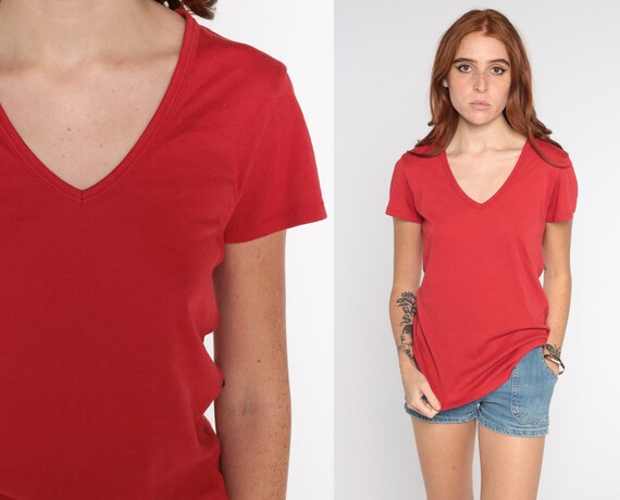 Red V Neck Shirt 80s Plain T-Shirt Retro Basic Single… - Gem