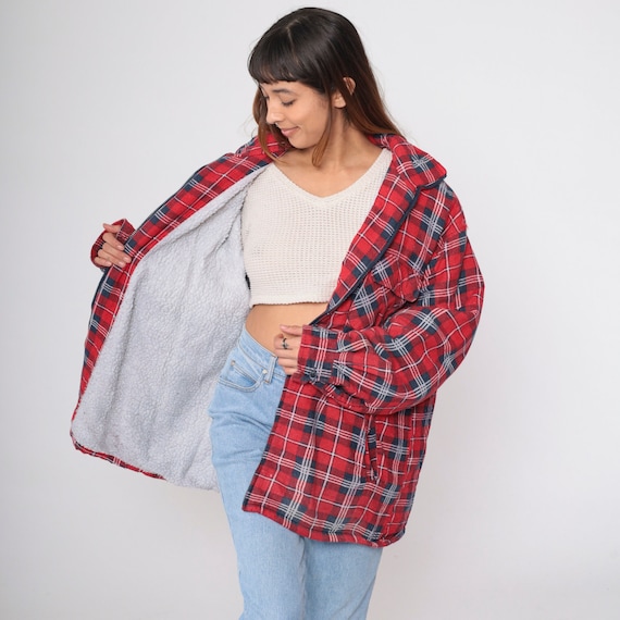 90s Plaid Jacket Red Flannel Zip Up Sherpa Lined Jacket Collared Shacket Retro Boyfriend Lumberjack Cotton Vintage 1990s Extra Large xl