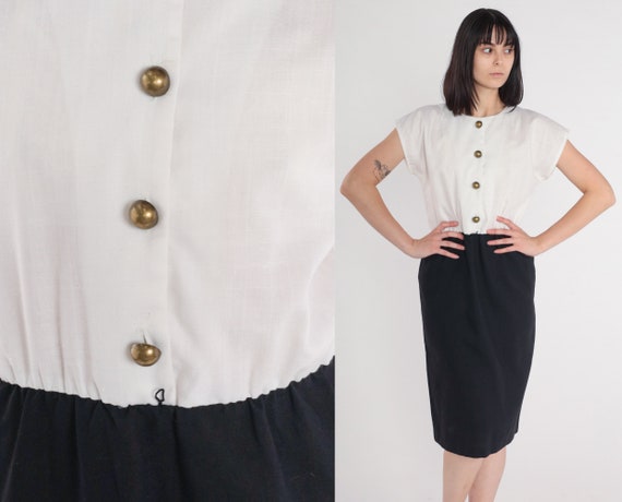 80s Pencil Dress Black White Button Up Midi Dress Cap Sleeve Secretary Dress Sheath Shirtwaist Preppy Simple Chic Vintage 1980s Medium M 10