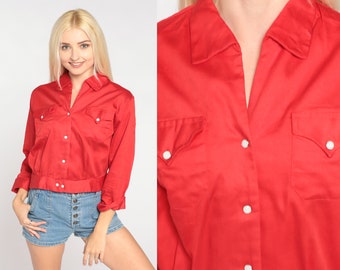 Western Crop Top 70s Red Blouse Blouse Pearl Snap Button Up Shirt Cowgirl Rodeo Collar Long Sleeve Vintage 1980s H Bar C Medium M