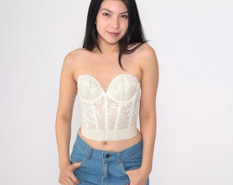 Vintage Lace Bustier Corset 34B Off-White Lingerie Sutiã Ossado Anos 80s Top Sem Alças Decote Coração Anos 80 Cintura Cintura Cintura 34 B Pequeno