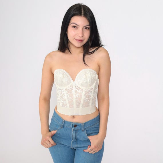 Vintage Lace Bustier Corset 34B Off-White Lingerie Bra Boned 80s Strapless Top Sweetheart Neckline 1980s Cinched Waisted 34 B Small