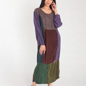 Indian Embroidered Dress Y2k Patchwork Floral Midi Dress Color Block Hippie Long Sleeve Summer Flowy Purple Pink Green Vintage 00s Large L image 2