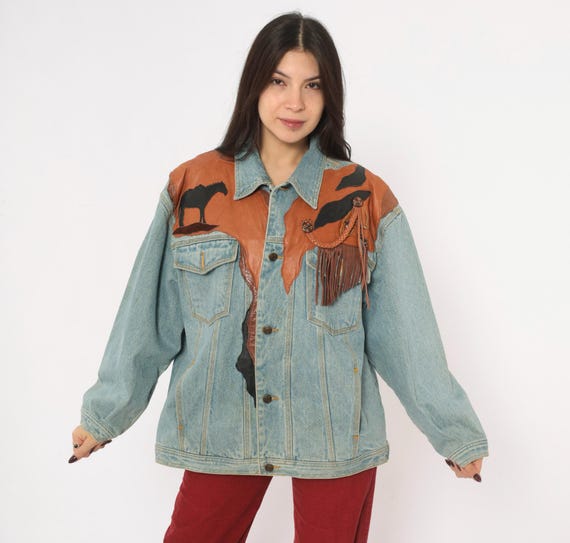 90s Pietra C. Wall Denim Jacket Western Leather Cowboy Horse Patchwork Jean Coat Light Blue Wash Brown Fringe Southwestern Vintage Medium M