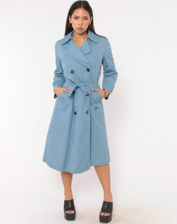 70s Aquascutum Trench Coat Light Blue Double Breasted Belted Cotton Overcoat Notched Collar Long Sleeve A Line Pockets Preppy Womens Small S