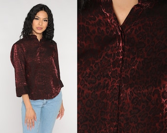 Red Leopard Blouse 90s Animal Print Top Shiny Button Up Shirt Retro Long Sleeve Pattern Party Formal Glam Vintage 1990s Kathie Lee Medium M