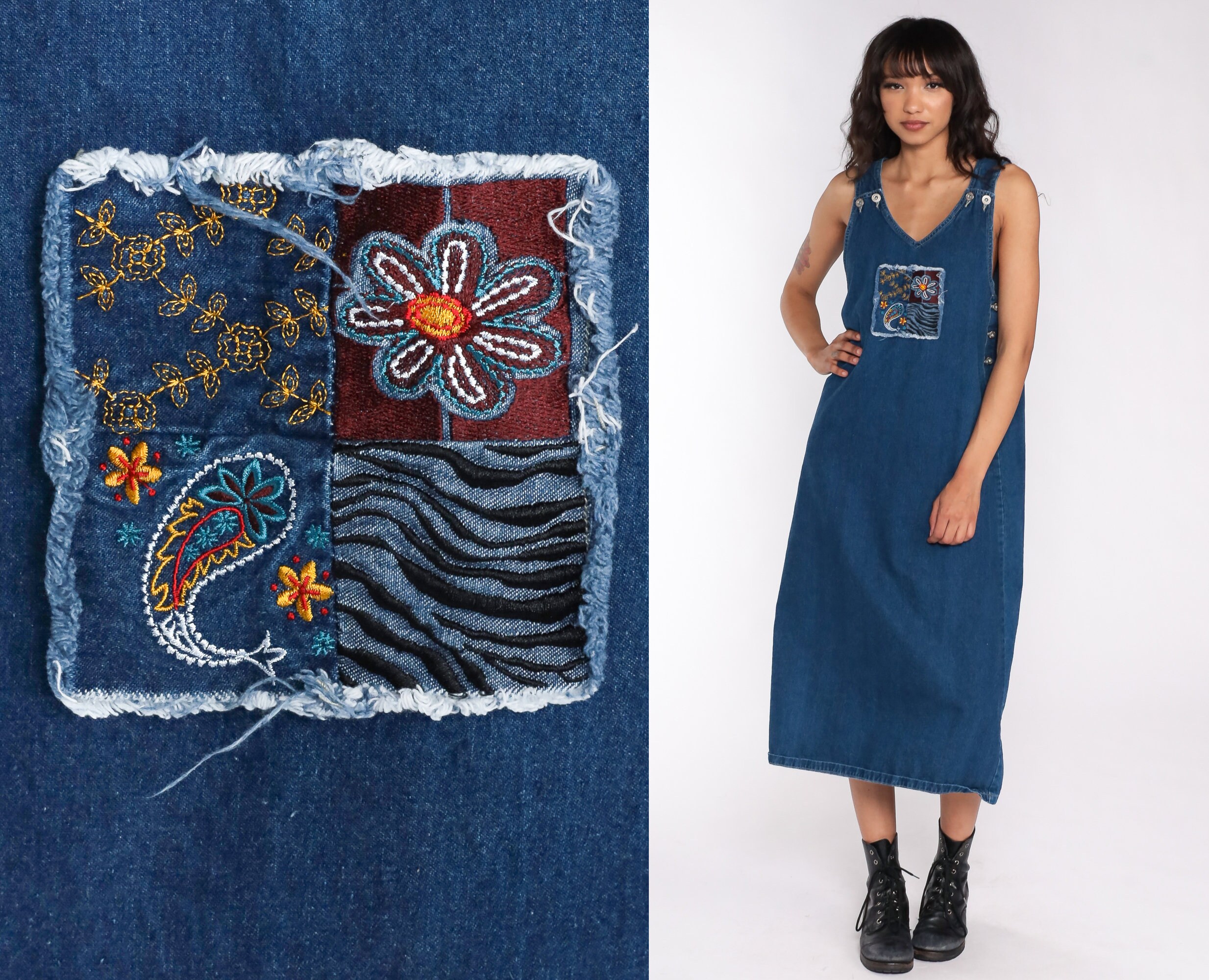 Embroidered Overall Dress Floral Denim 