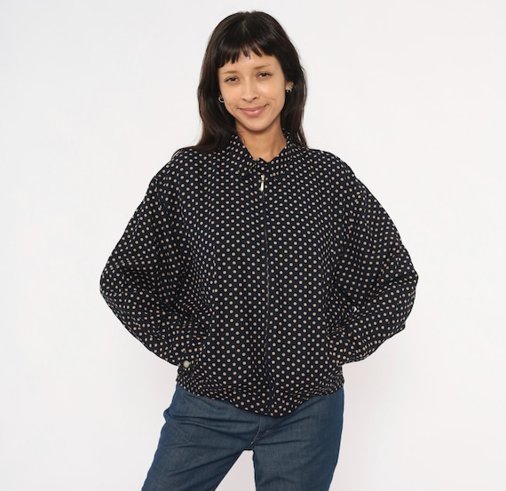 Polka Dot Zip Jacket 90s Gap Navy Cream Spotted Bomber Style Jacket Collared Lined Tan Beige Shirt Preppy Casual Dark Blue Vintage Large L