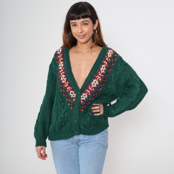Cable Knit Cardigan 90s Green Fair Isle Trim V Neck Button Front Vintage Ramie Acrylic Chunky Knit Oversized Boho Grandpacore Cozy Medium M