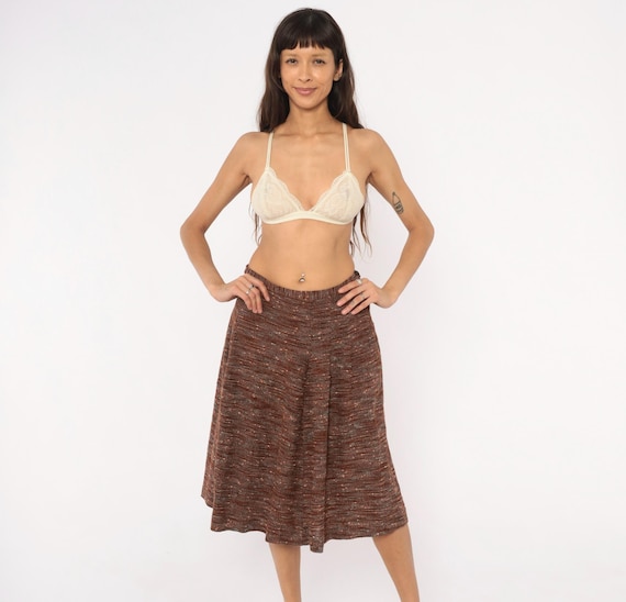 70s Speckled Knit Skirt Brown Tweed Midi Cotton Blend Chocolate Earth Tone Woven Copper Rust Fall Autumn Academic Preppy Vintage Small S