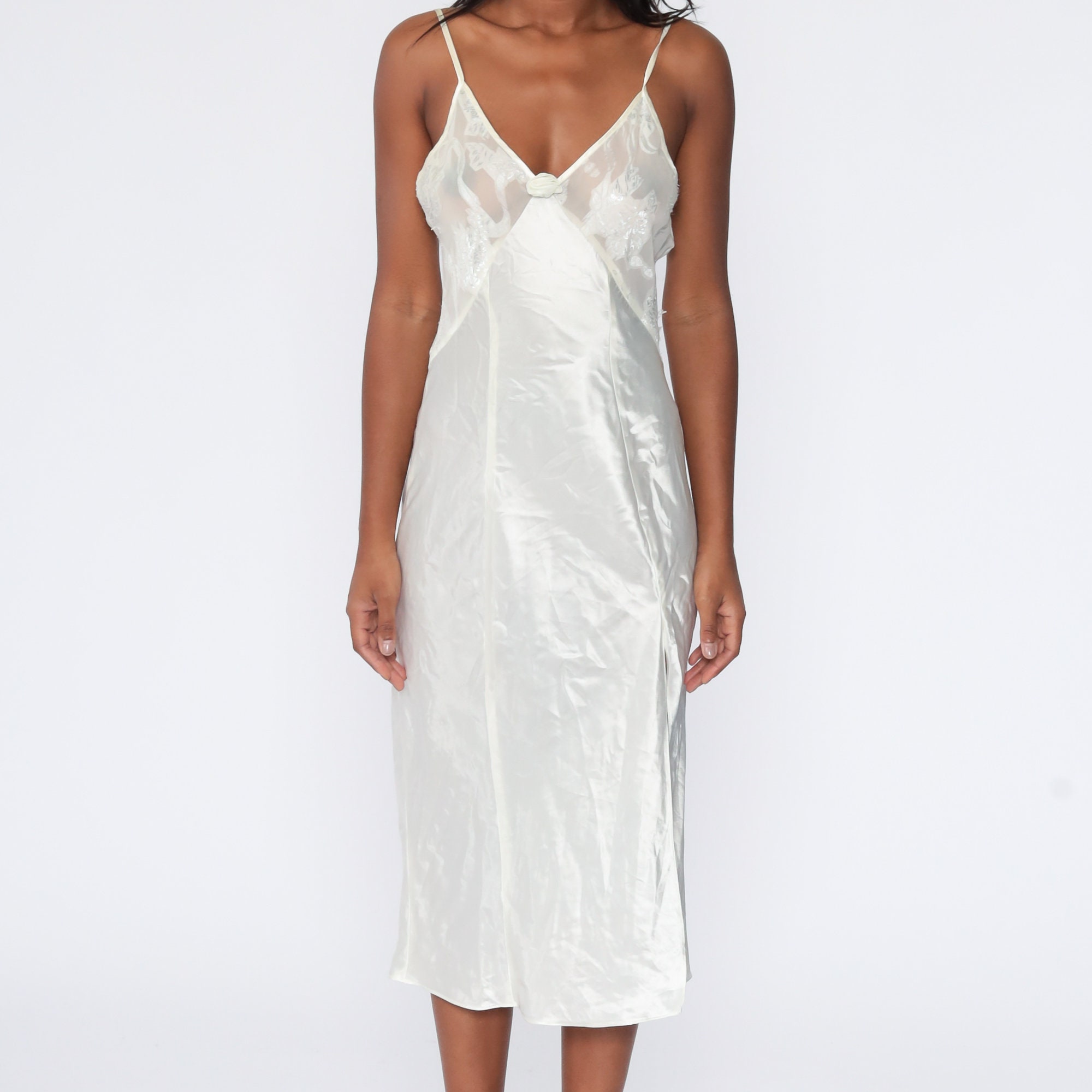 Satin Nightgown White Slip Dress Maxi Embossed Lace Lingerie Vintage