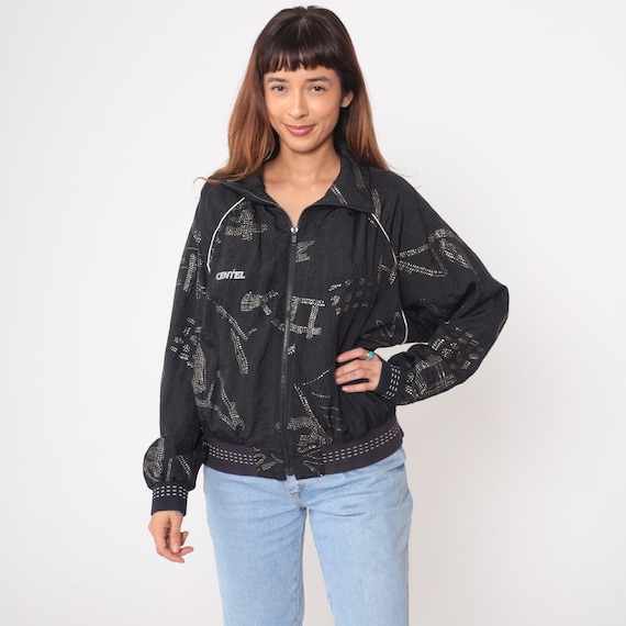 Glitter Track Jacket 90s Black Embellished Athletic Windbreaker Streetwear Sporty Vintage Winter Gorpcore Lightweight Jacket Extra Large XL