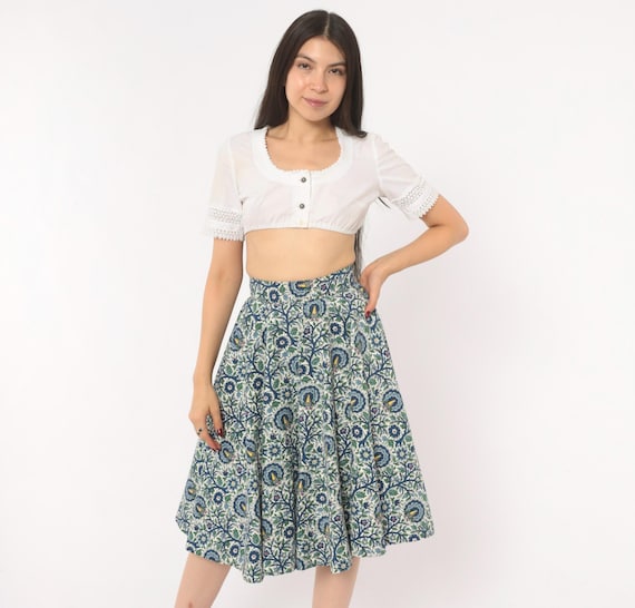 50s Peacock Bird Circle Skirt Pin Up Rockabilly Blue Floral Cotton Full Sweep High Waist A Line Cottagecore Folk Botanical Extra Small XS