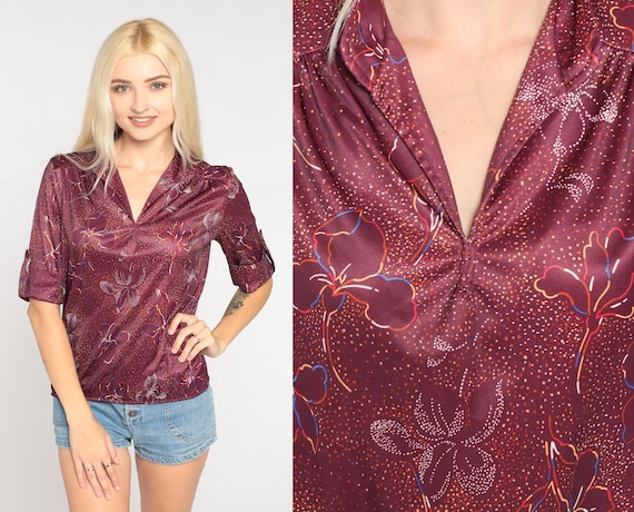 Burgundy Floral Blouse 70s Top V Neck Short Sleev… - image 1